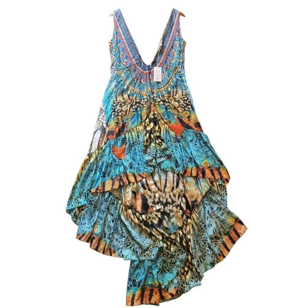 NWT True Colours La Moda Dress Women's Medium Hi Lo Animal Print Colorful Resort
